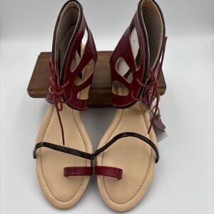 Green Casual Leather Flat Toe Sandals sz 7 M Burgundy Front Tie Up